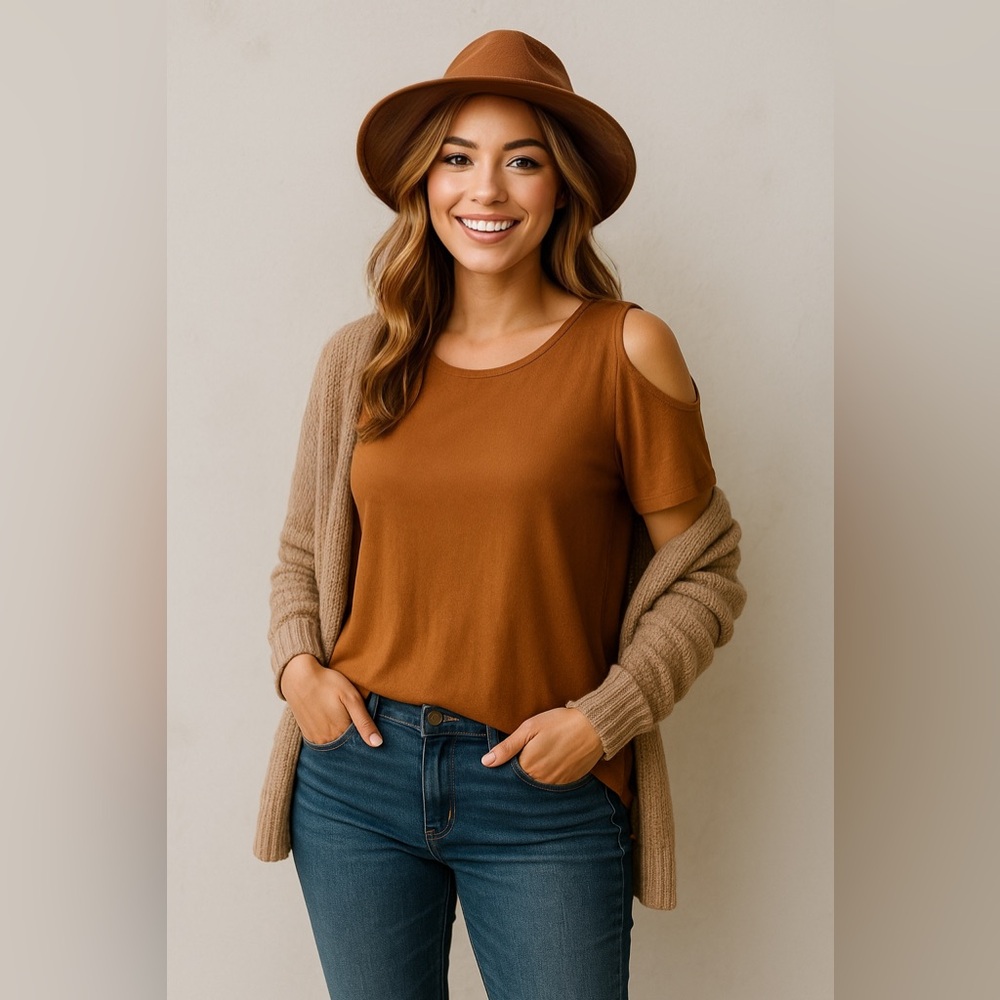 J. Jill Love Linen Rust Cold Shoulder Top L‎ – Fall Earthy Neutral Minimalist